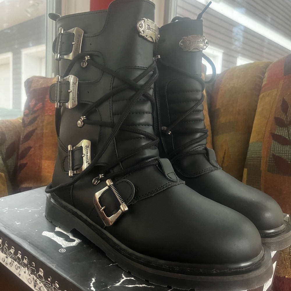 Demonia Black Combat Boots with Silver Accents